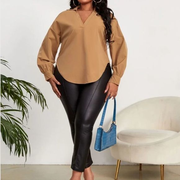 Women's Brown V-Neck Drop Shoulder Blouse Plus Size 3XL - Picture 1 of 6